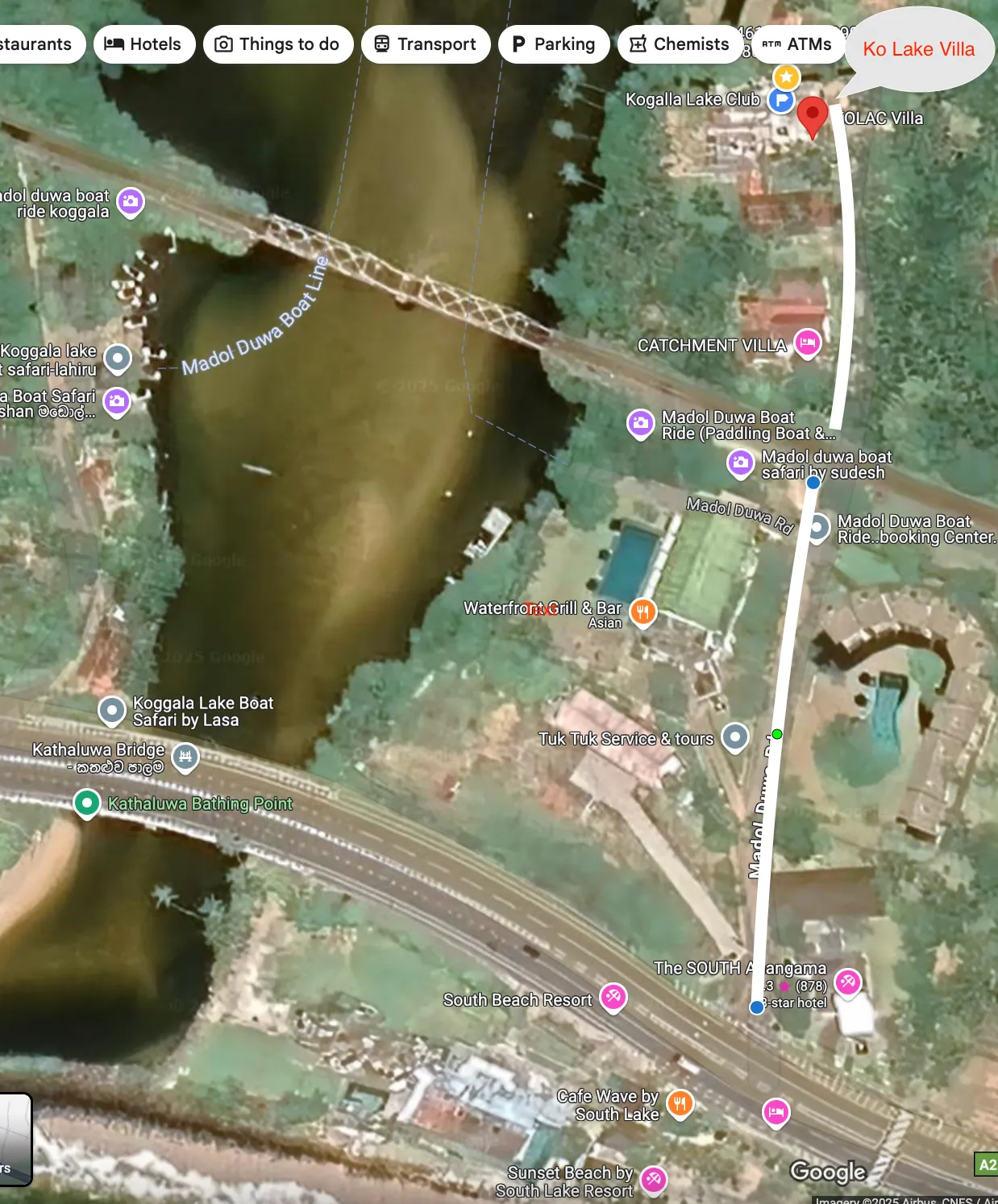 Koggala Lake area map showing Ko Lake Villa location and nearby attractions