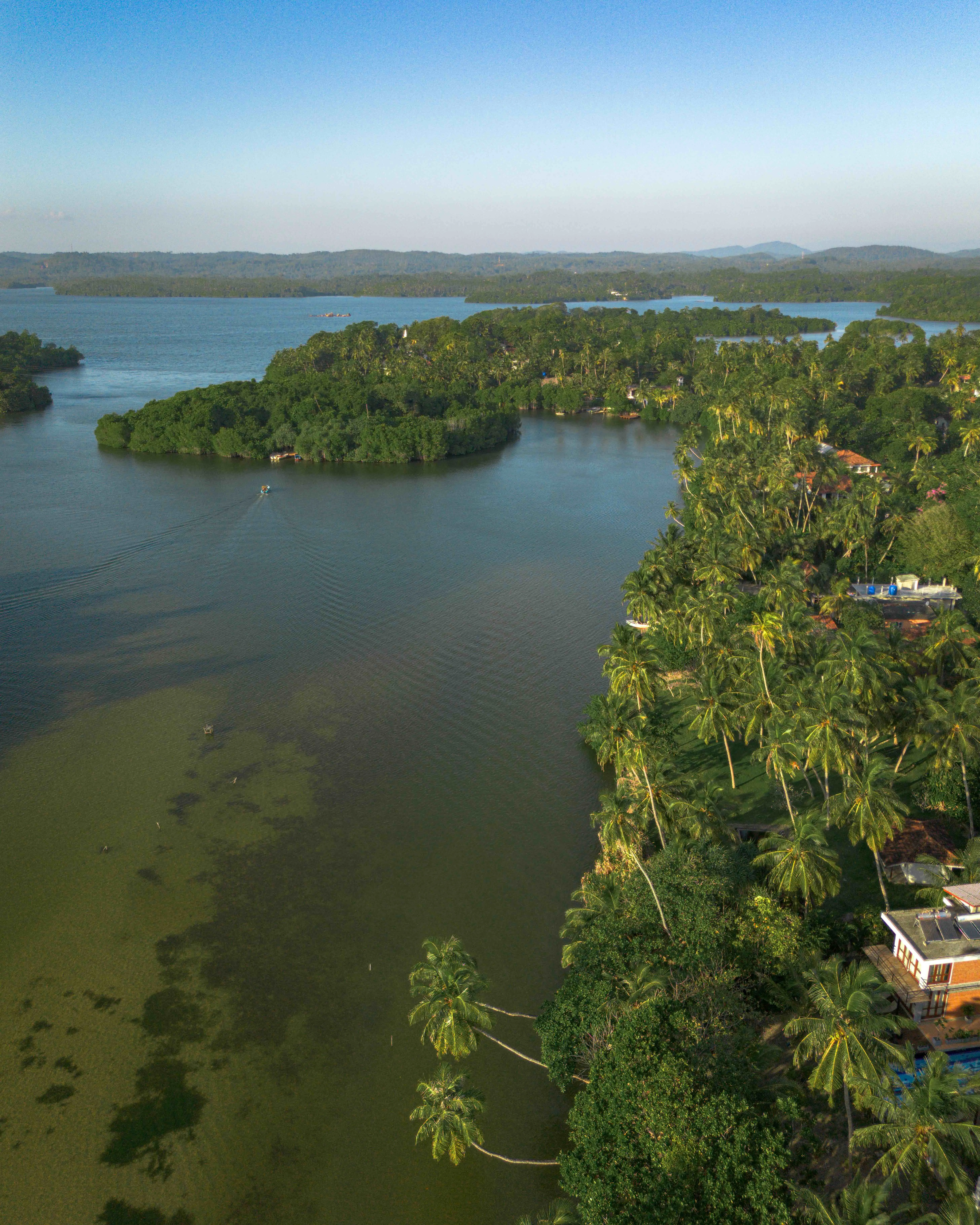Aerial view of Koggala Lake, Madol Duwa island and lush mangrove waterways